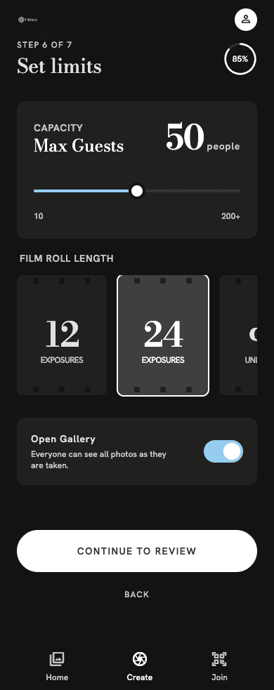 Setting guest and film roll limits in Clickzy