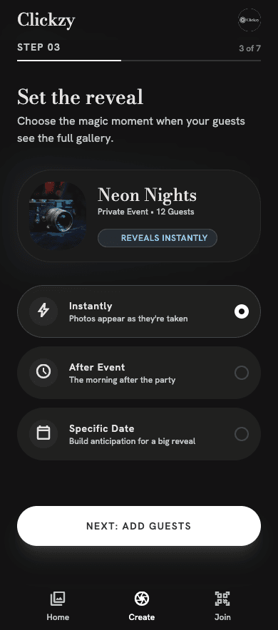 Reveal settings for a Clickzy film