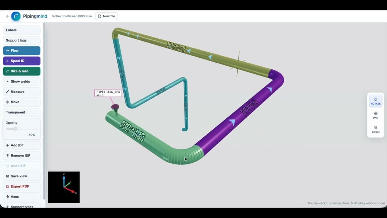 Pipingmind IDF viewer — colour-coded isometric in an interactive 3D scene