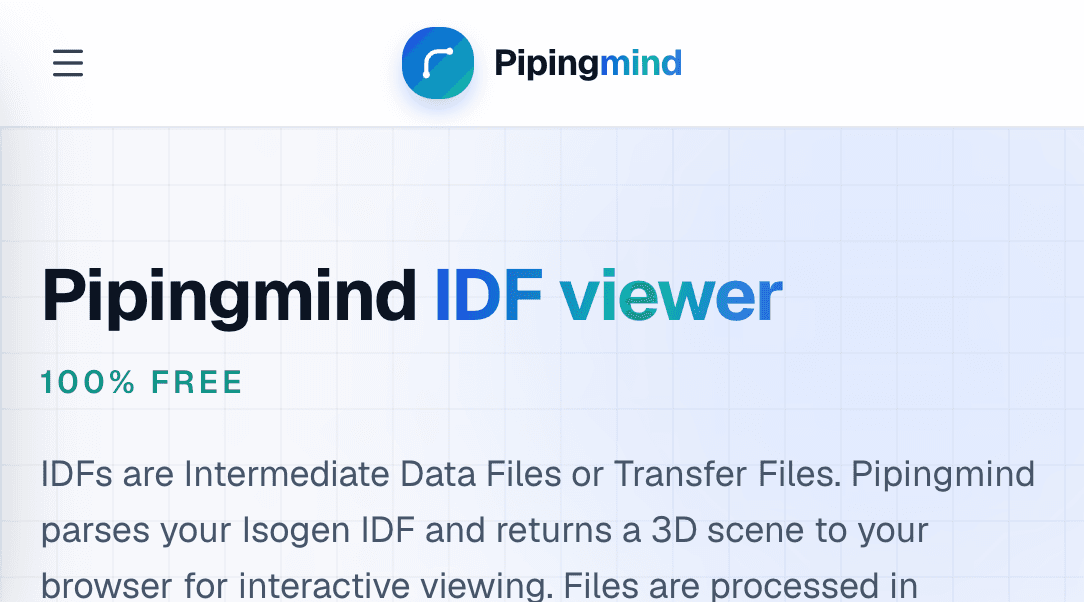 Pipingmind.com homepage introducing the free IDF viewer