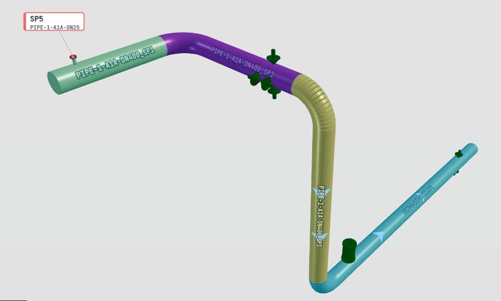 Pipingmind 3D IDF viewer with colour-coded spools on a piping isometric